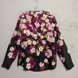 Calvin Klein Blouse Womens M Tunic Top Pockets Lg Sleeve Blk Fuschia Pink Floral